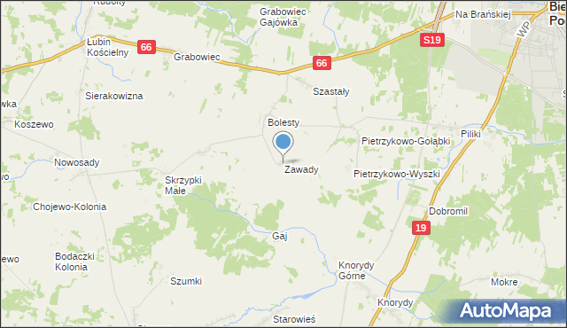 mapa Zawady, Zawady gmina Bielsk Podlaski na mapie Targeo